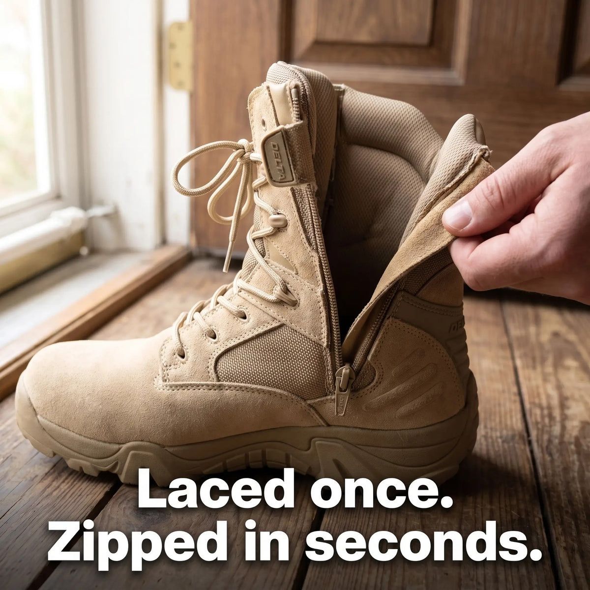 Hand opening the inside zip of a Khaki combat boot with laces tied