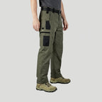 Army Green work trousers worn, side view with zip thigh pocket and phone pocket