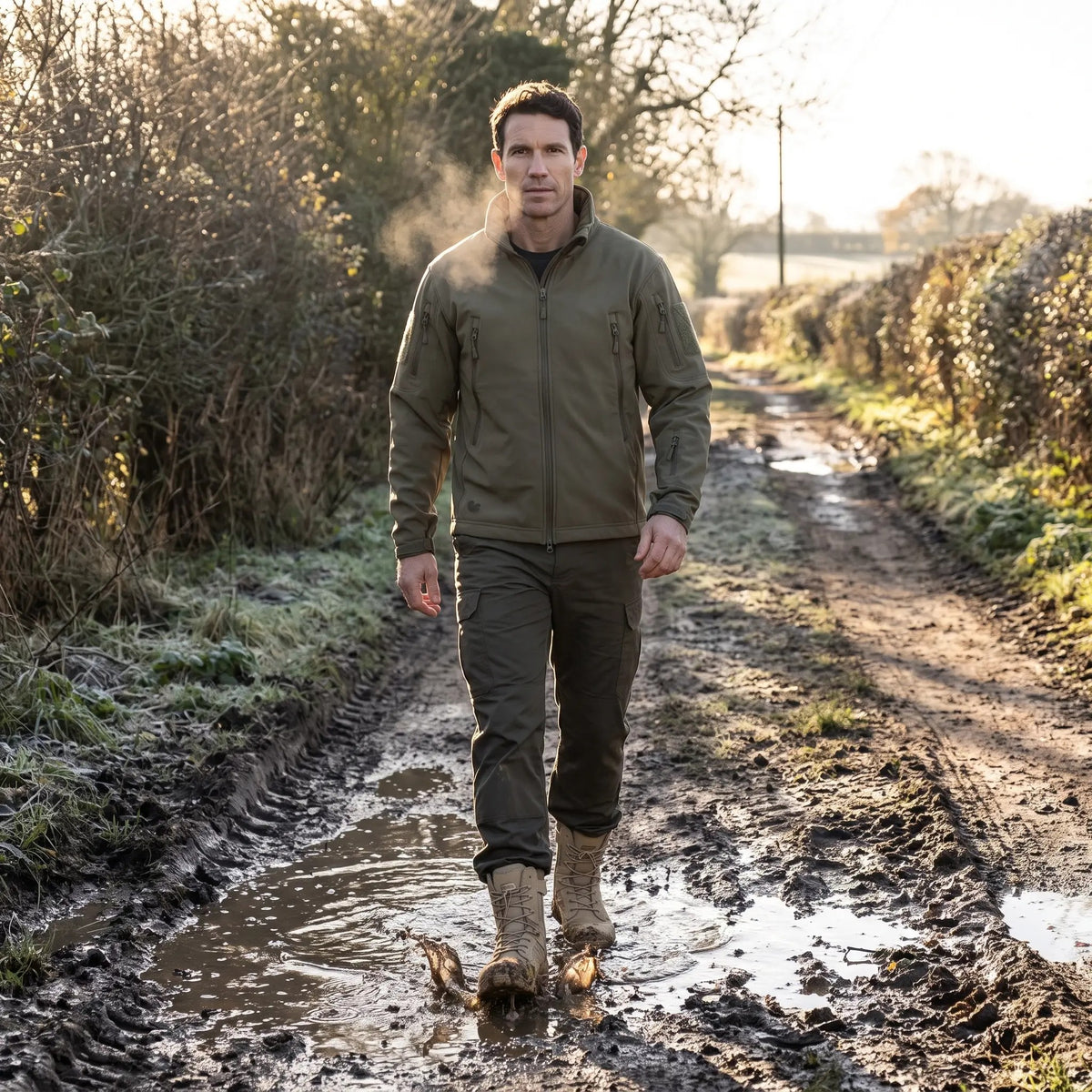 Man walking a muddy farm track in Khaki combat boots
