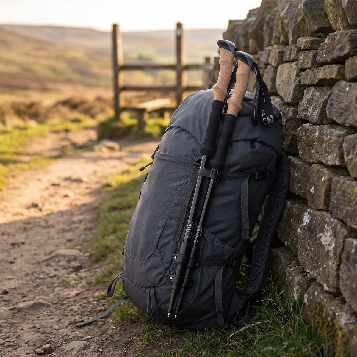 Collapsed trekking poles strapped to a rucksack by a dry-stone wall