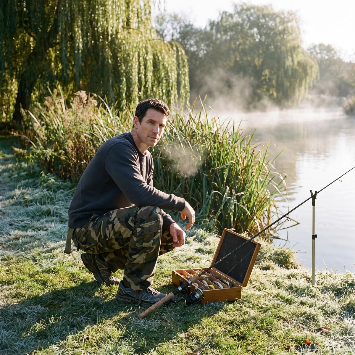 Man crouching on a riverbank in Olive Green camo cargo trousers