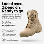 Combat boots infographic with inside zip, padded collar and lugged sole