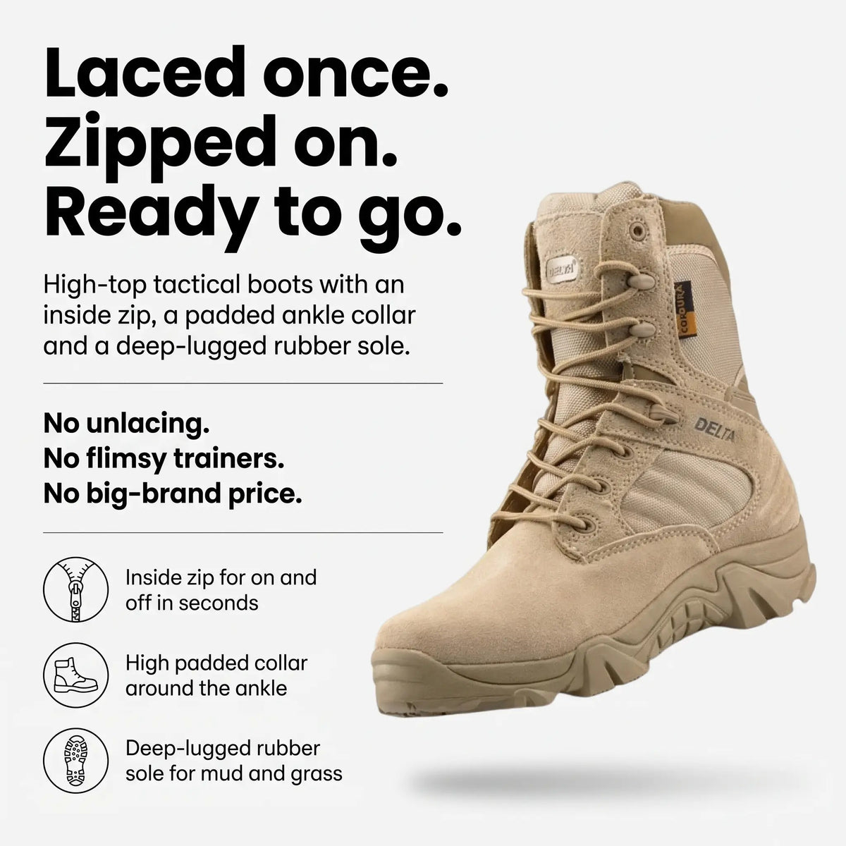 Combat boots infographic with inside zip, padded collar and lugged sole
