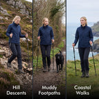 Woman using trekking poles on hill descents, muddy footpaths and coastal walks