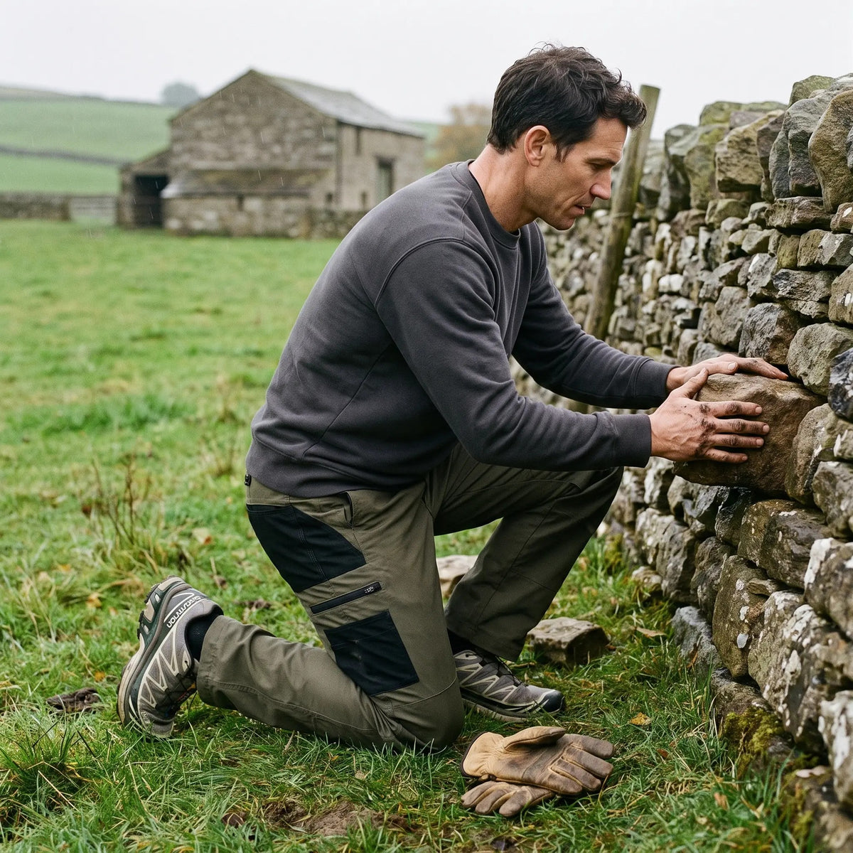 Man kneeling at a dry-stone wall in Army Green work trousers