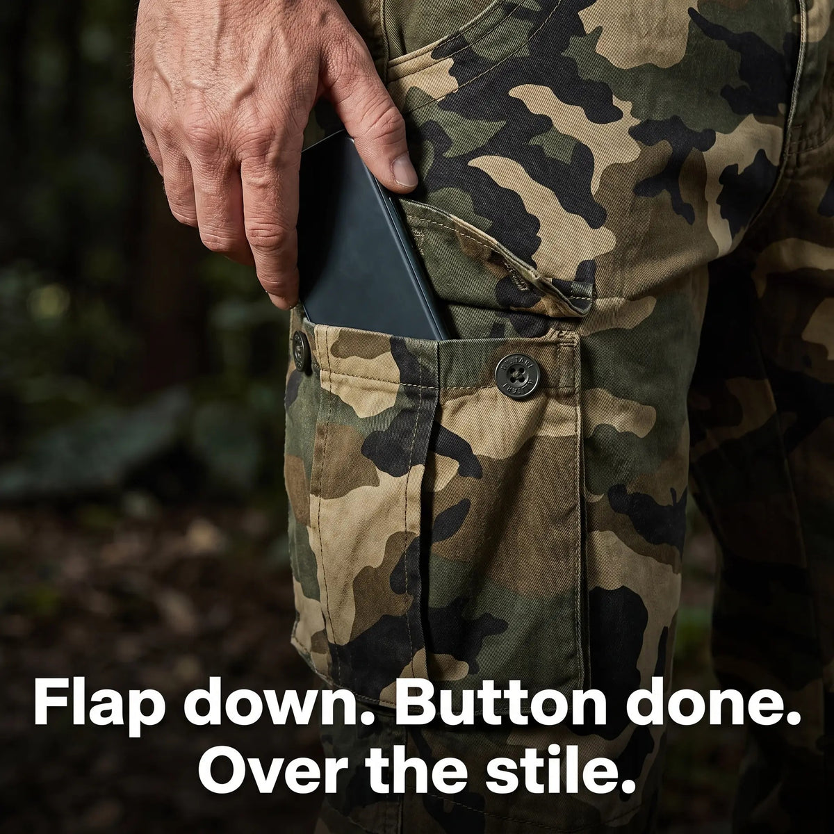 Hand sliding a phone into the thigh cargo pocket