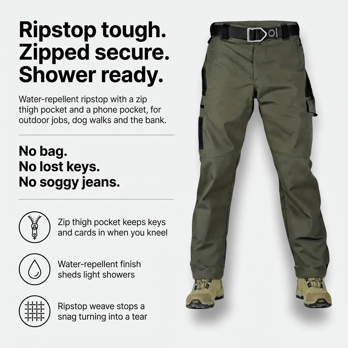 Infographic of the ripstop work trousers features
