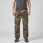 Army Green camo cargo trousers worn, front view