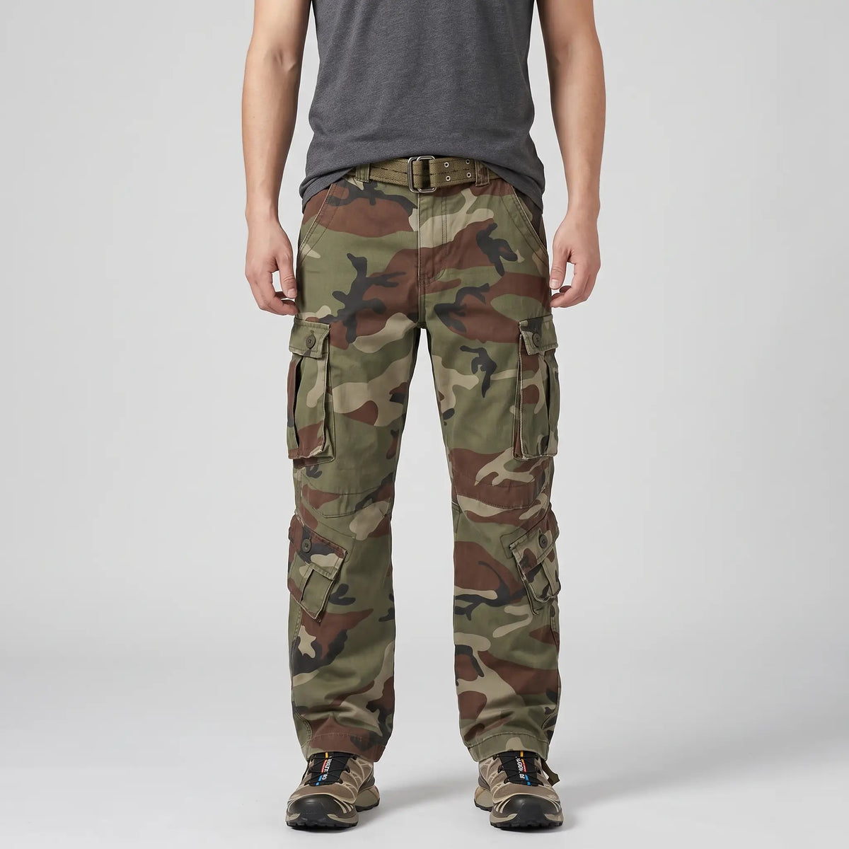 Army Green camo cargo trousers worn, front view