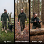 Man in Khaki combat boots on dog walks, woodland trails and airsoft days