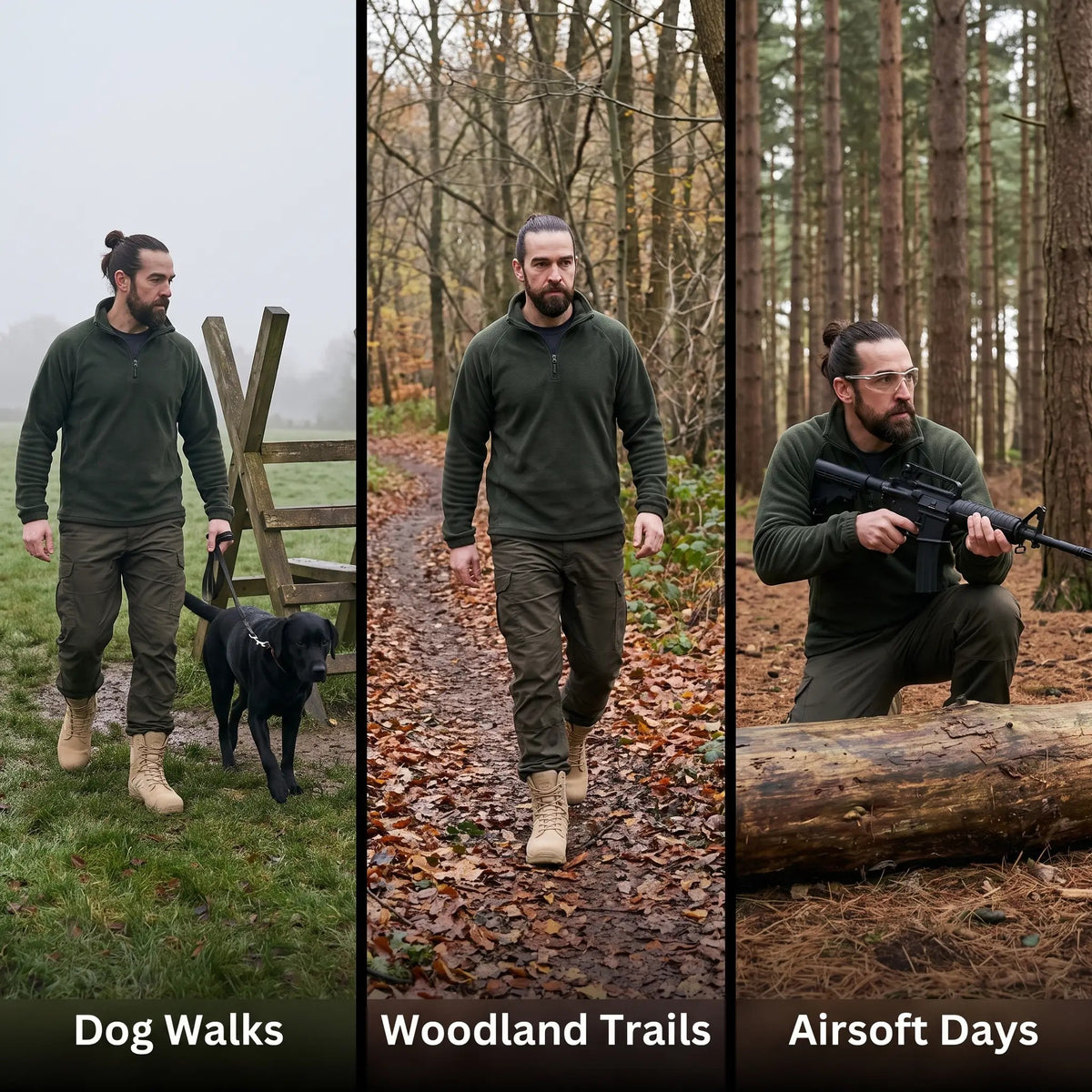 Man in Khaki combat boots on dog walks, woodland trails and airsoft days