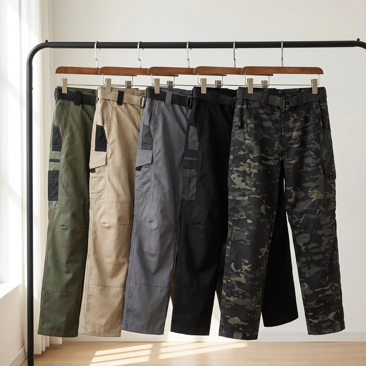 Work trousers in Army Green, Khaki, Grey, Black and Black Camo on a rail