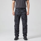 Blue camo cargo trousers worn, front view