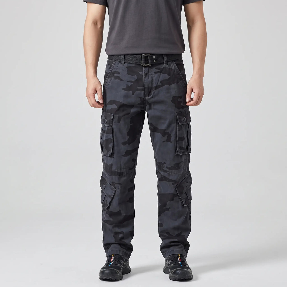 Blue camo cargo trousers worn, front view