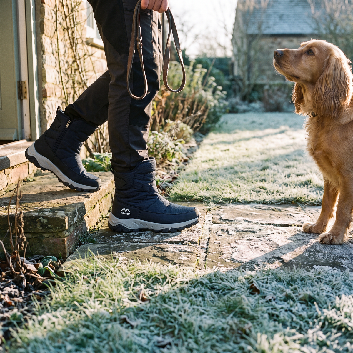 Man stepping out of the back door in the fur lined snow boots in Navy, dog waiting on a frosty path
