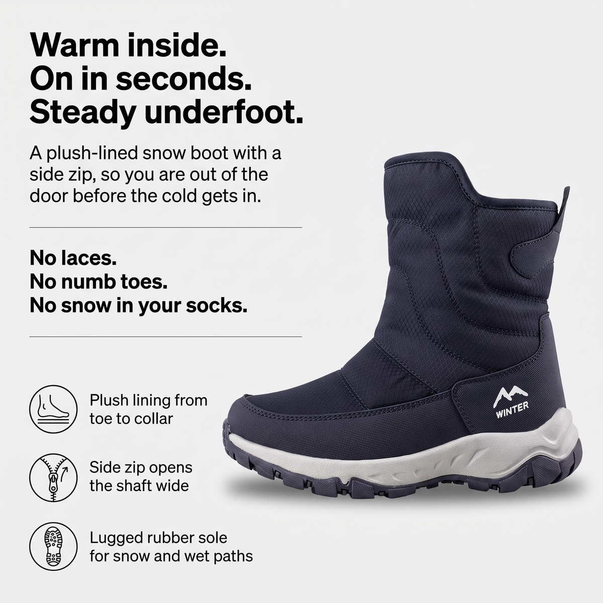 Warm inside, on in seconds, steady underfoot: the snow boot features