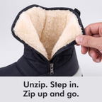 Side zip opened on the snow boot to show the plush lining