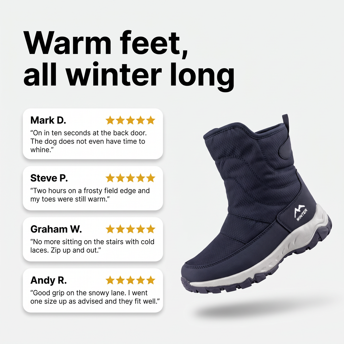 Customer review cards for the men's snow boots