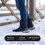 Snow boots worn in fresh snow: 14.5 cm shaft, 3.5 cm sole, UK sizes 3.5 to 10.5