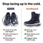 Snow boots compared with wet laced trainers in the snow
