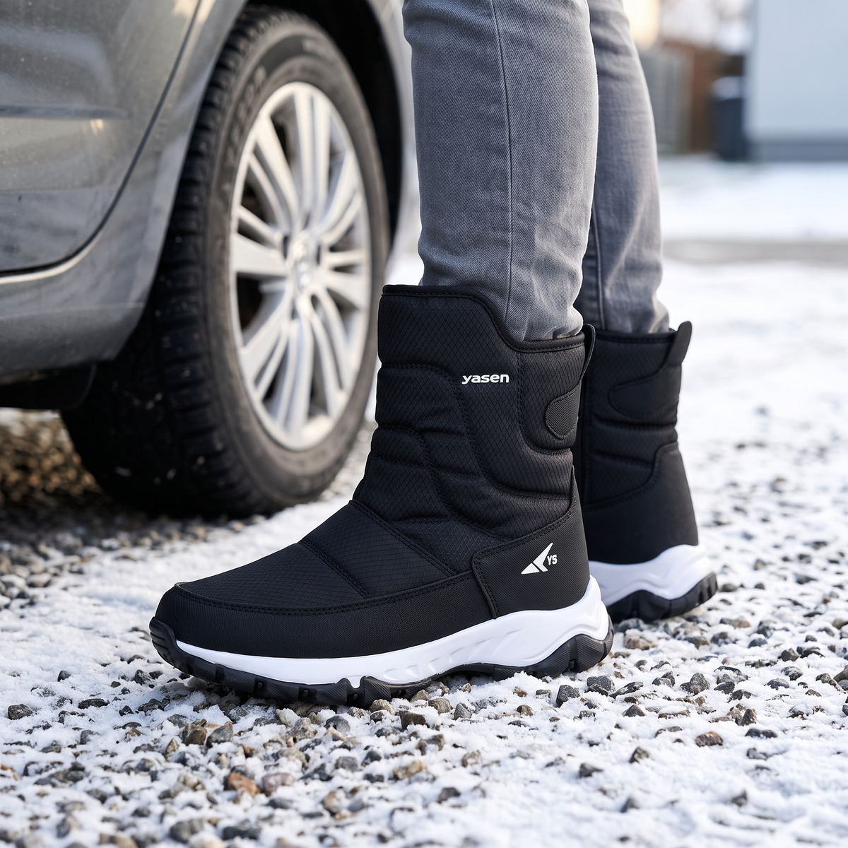 Men's snow boots in Black worn on a snowy driveway