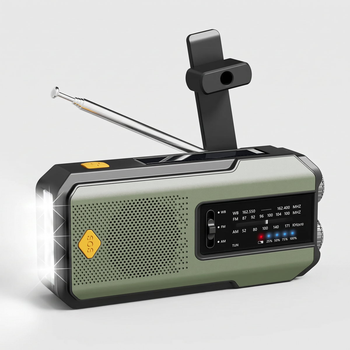 SOS Emergency Radio in Sage Green, three-quarter front view with hand crank and antenna raised