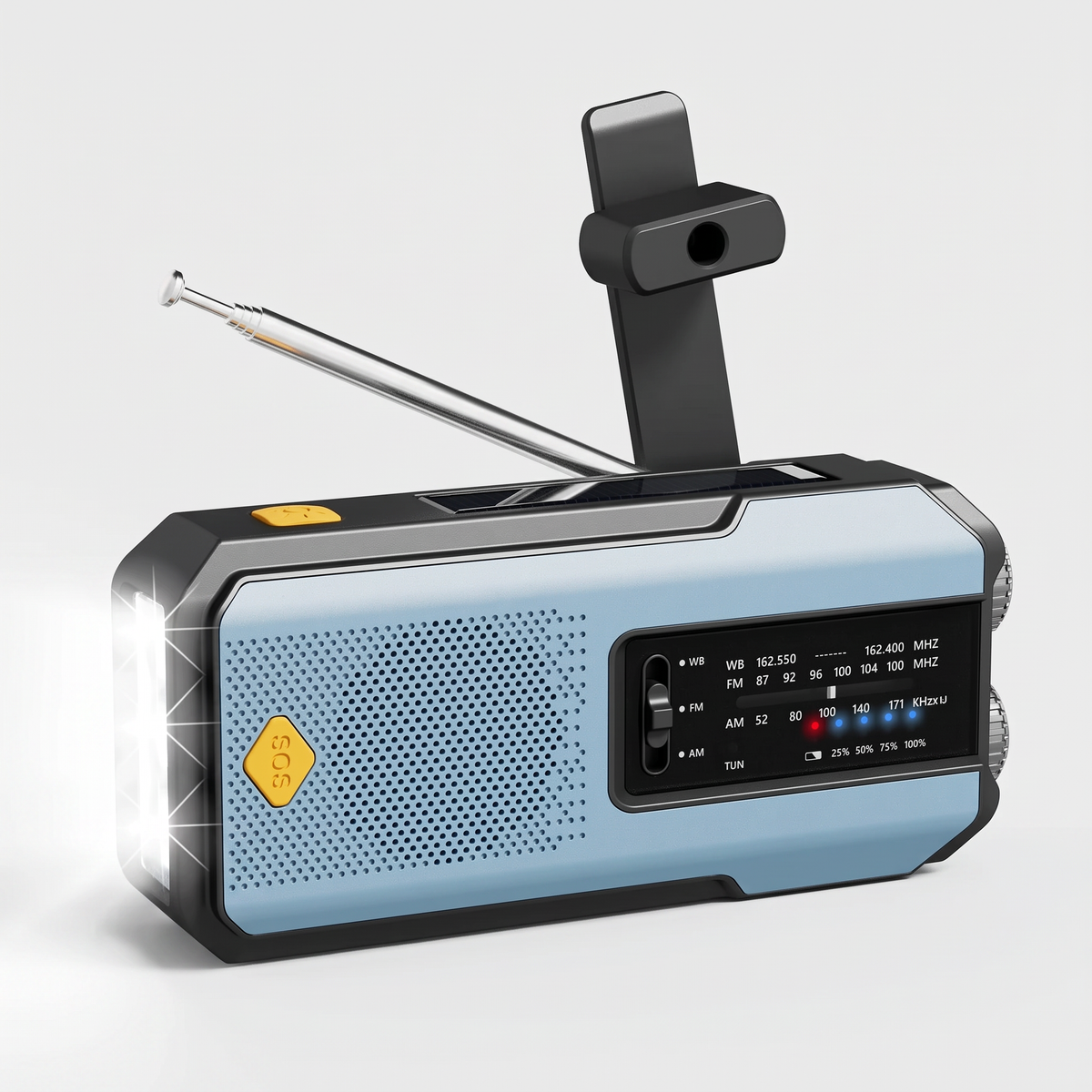 SOS Emergency Radio in Sky Blue, three-quarter front view with hand crank and antenna raised