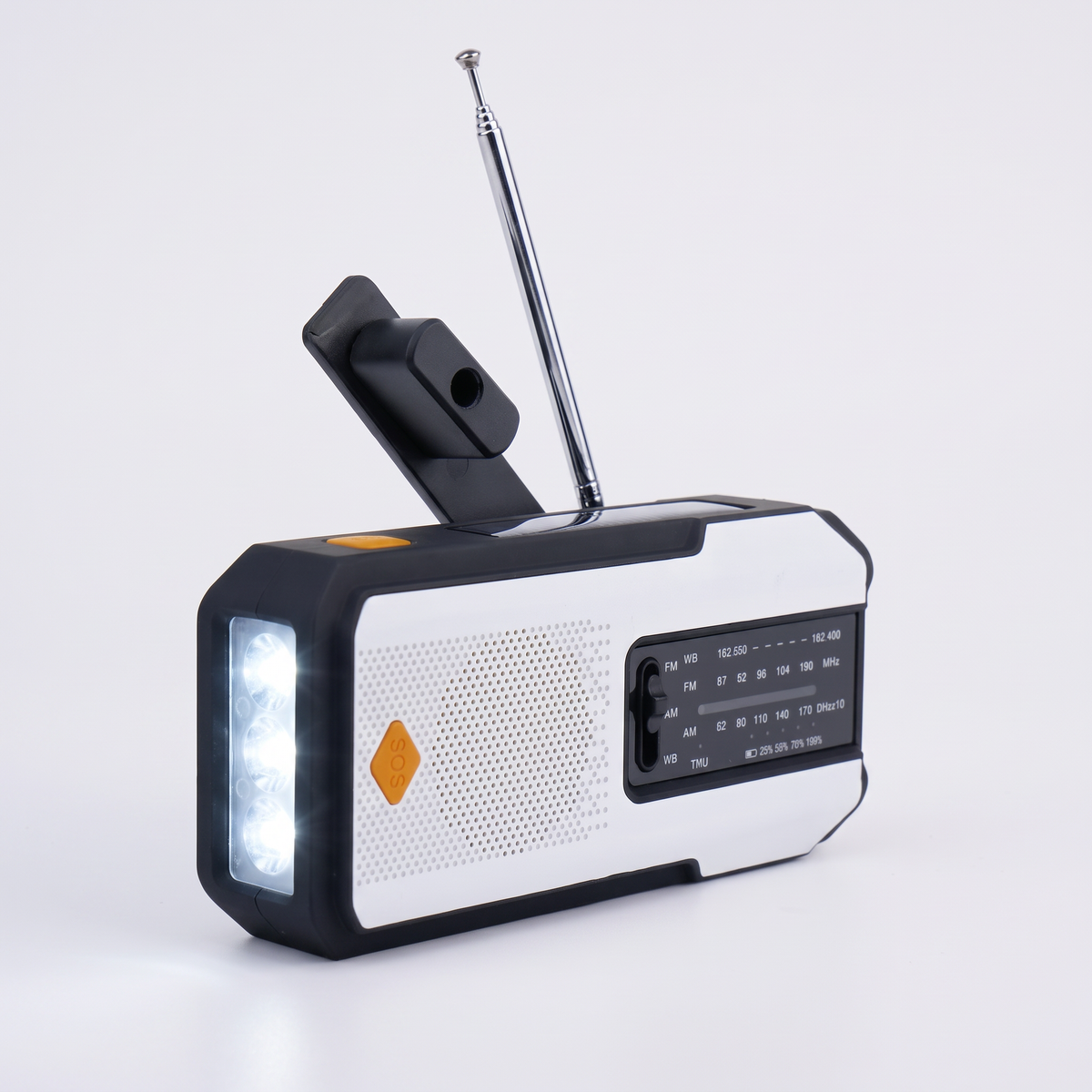 SOS Emergency Radio in White, three-quarter front view with hand crank and antenna raised