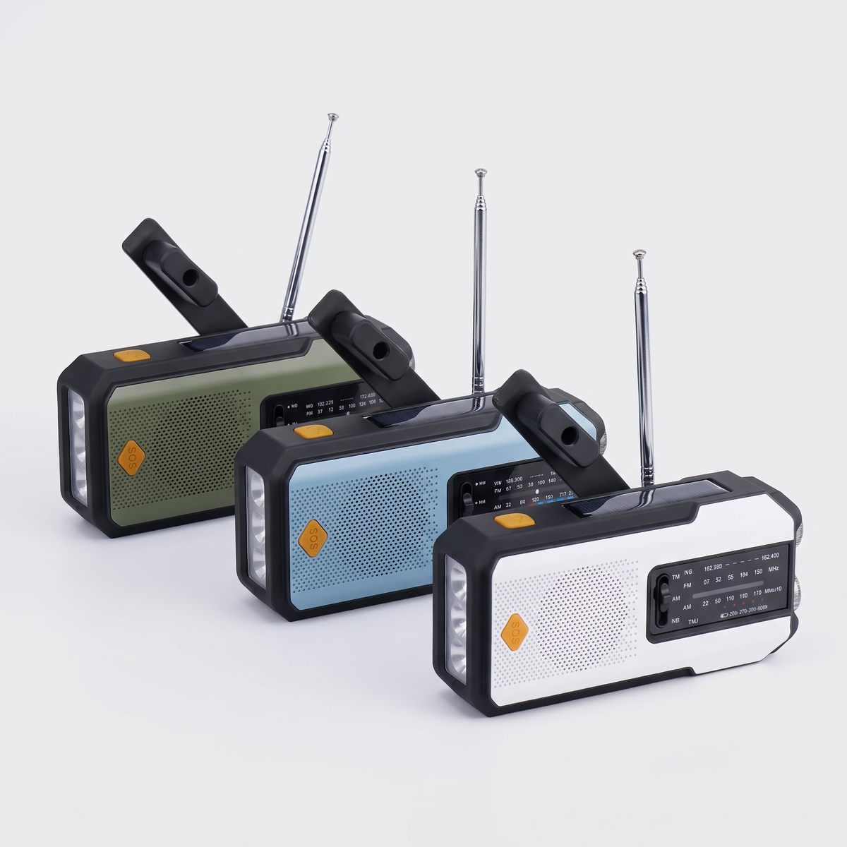 SOS Emergency Radio in Sage Green, Sky Blue and White side by side