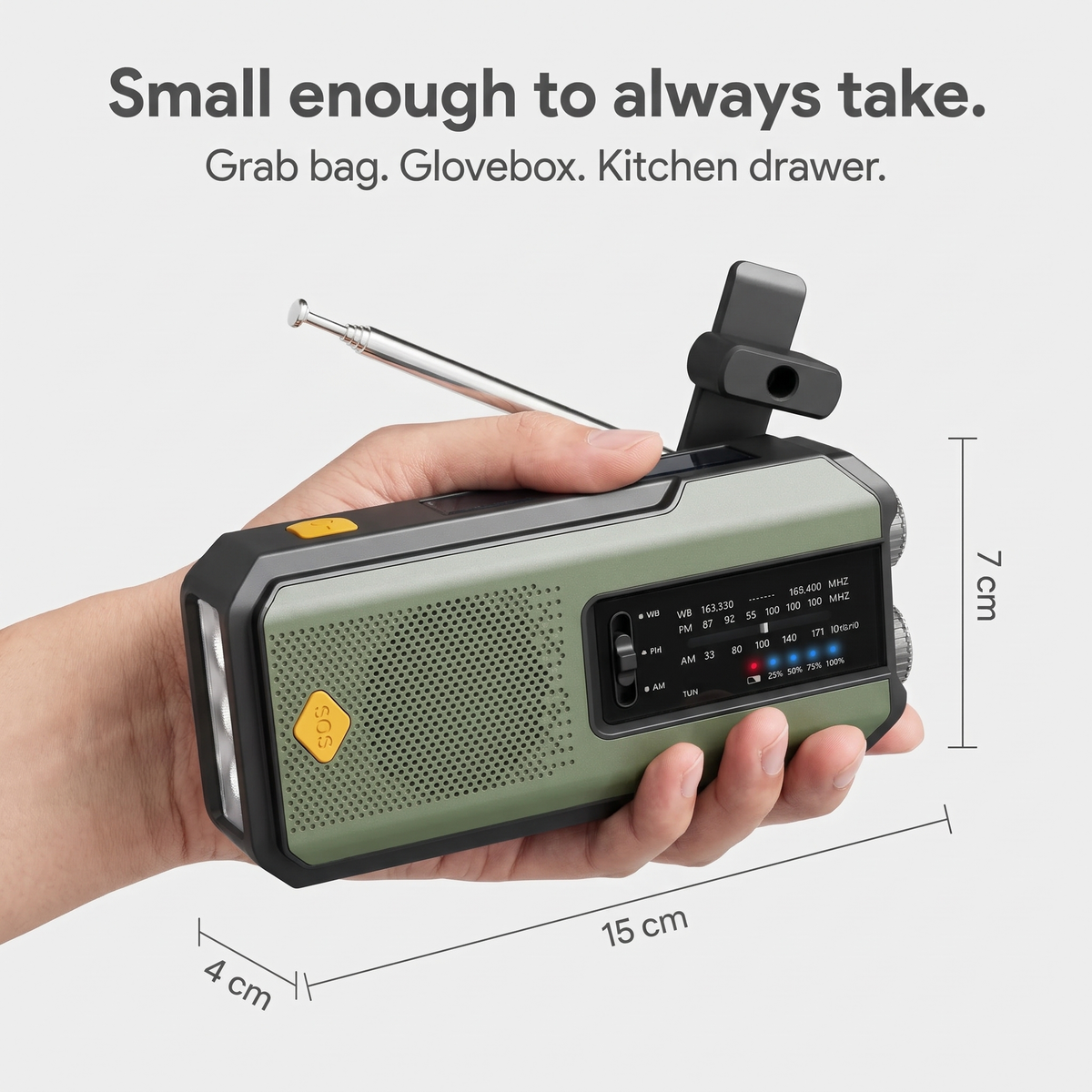 Emergency radio held in one hand with dimensions of about 15 x 7 x 4 cm