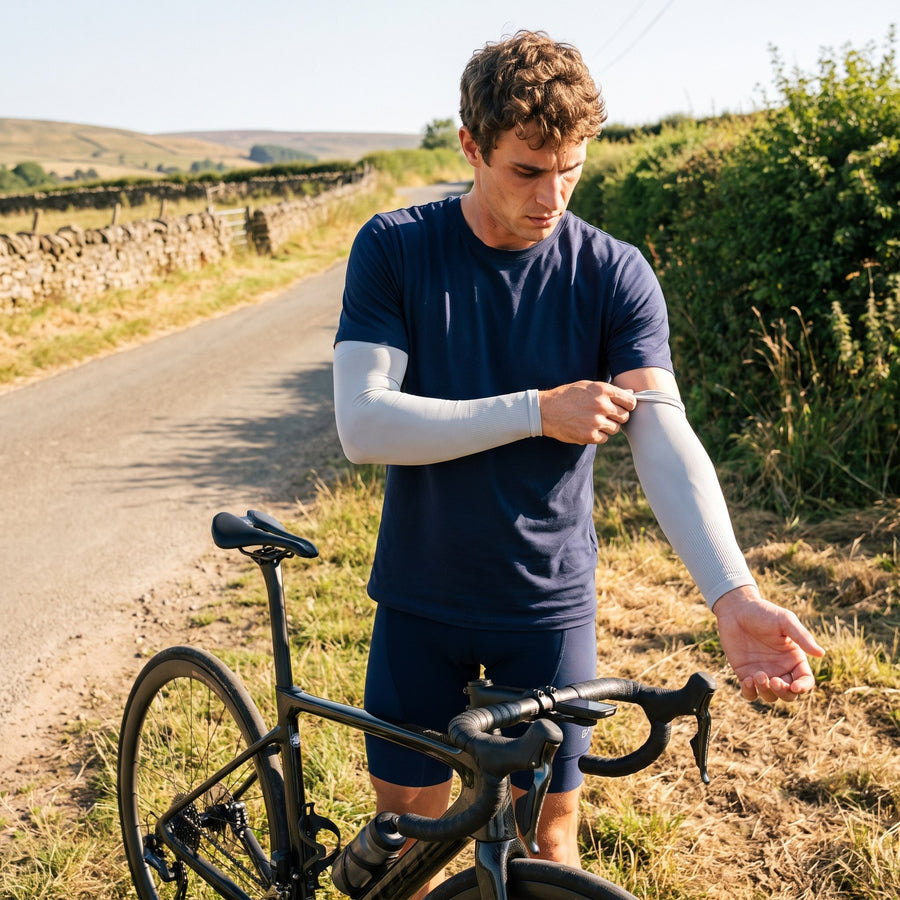 Cyclist pausing at the roadside, pulling a sun sleeve on over a bare arm