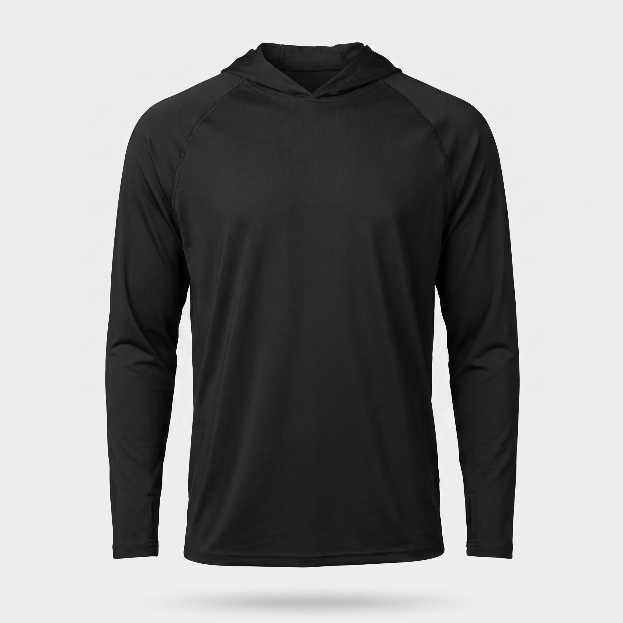 Men's UPF 50+ Sun Hoodie in black - ghost mannequin front view