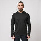 Man wearing black UPF 50+ sun hoodie, front view, hood down