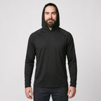 Man wearing black UPF 50+ sun hoodie, front view, hood up