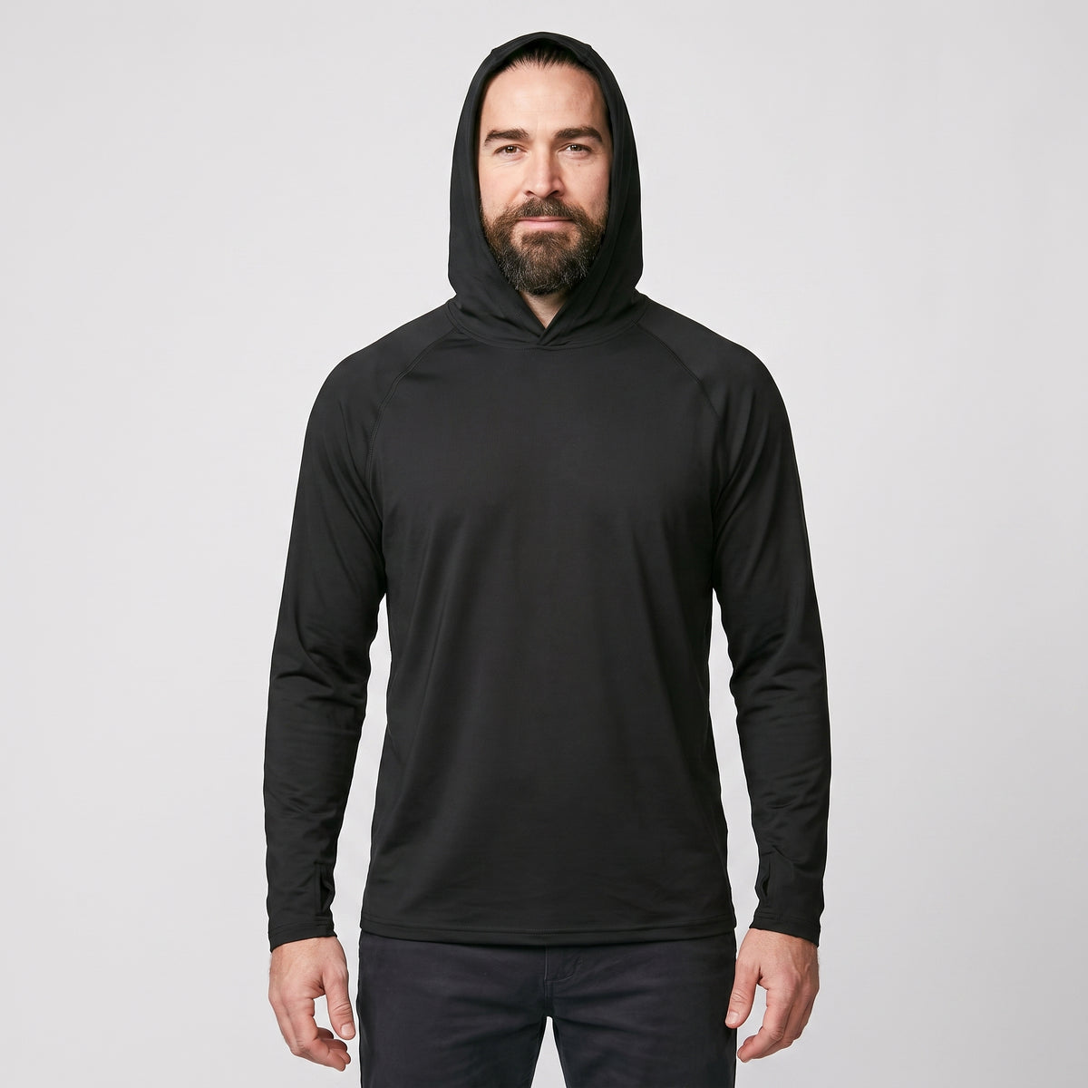 Man wearing black UPF 50+ sun hoodie, front view, hood up