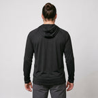 Man wearing black UPF 50+ sun hoodie, full back view
