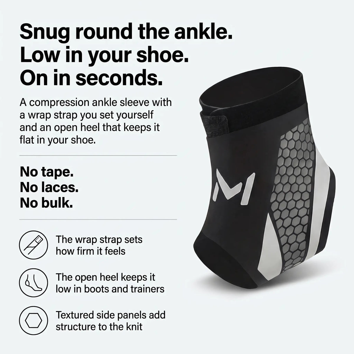 Ankle support infographic showing a snug fit, low profile in the shoe and quick fitting