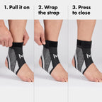 Three steps to put on the ankle support: pull it on, wrap the strap, press to close