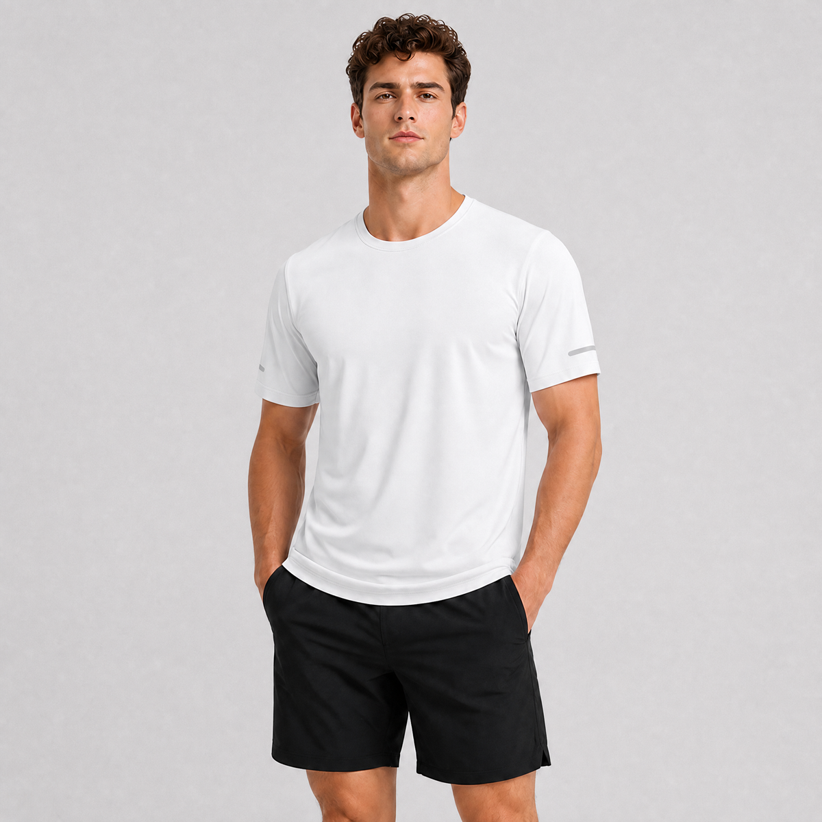 Man wearing the men's running top in White, front view