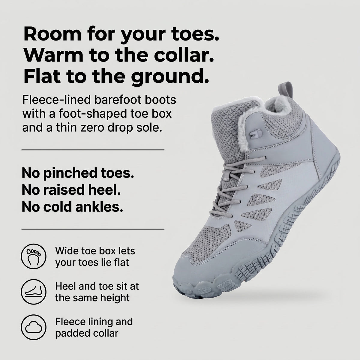 Room for your toes, warm to the collar, flat to the ground: barefoot winter boot benefits