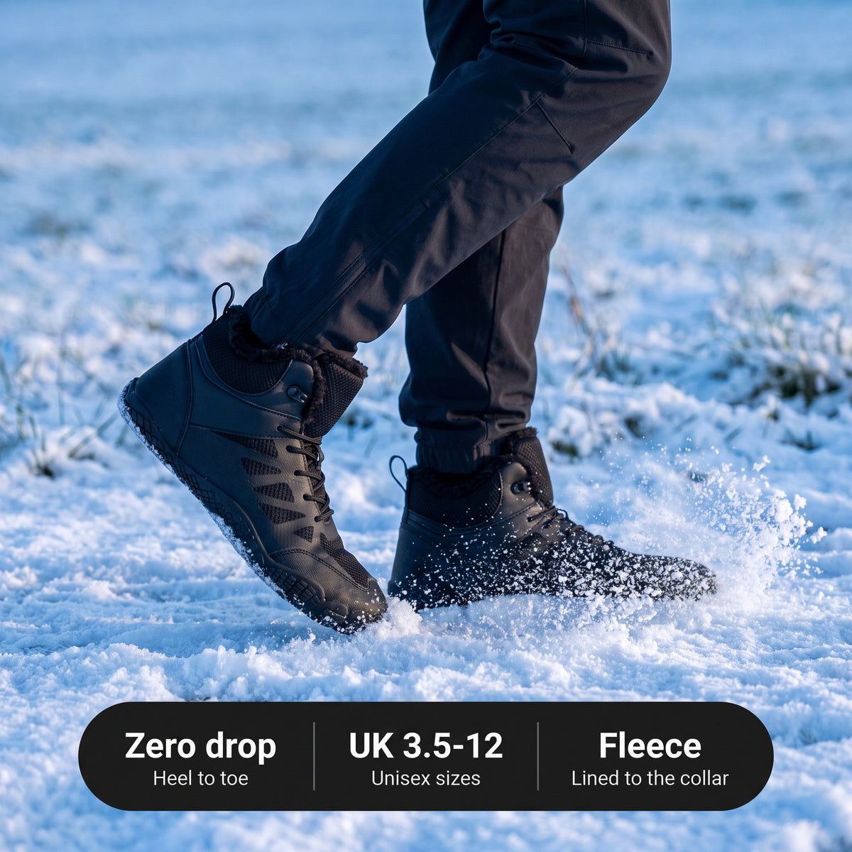 Zero drop, UK 3.5 to 12 unisex sizes, fleece lined to the collar