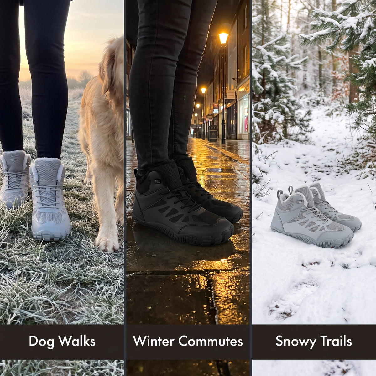 Barefoot winter boots for dog walks, winter commutes and snowy trails