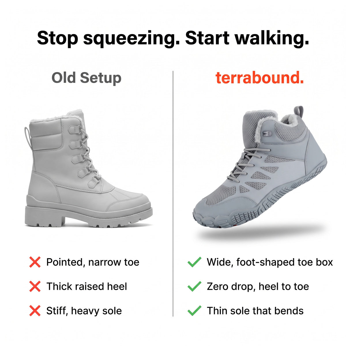 Compared with a narrow raised-heel snow boot