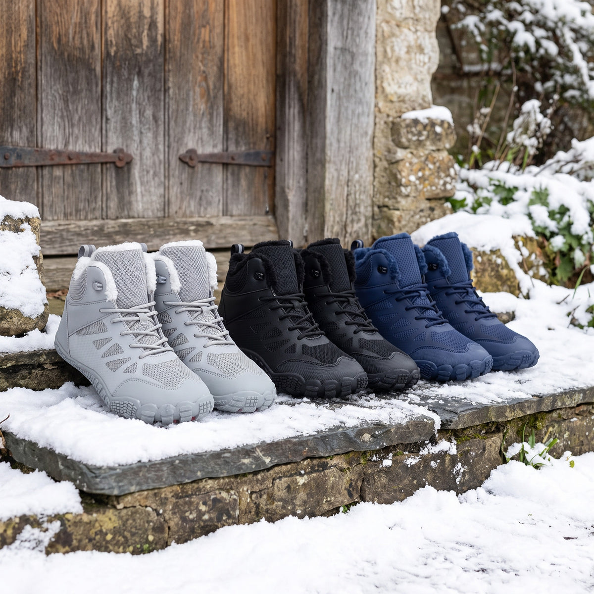 Barefoot winter boots in Grey, Black and Navy on a snowy porch step