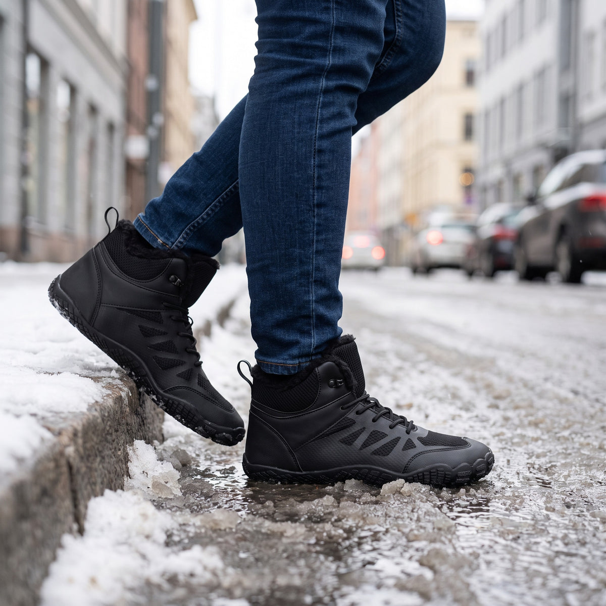 Barefoot winter boots in Black worn stepping off a snowy kerb