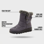 Winter boot features: faux fur cuff, hook and loop strap, quilted water-resistant upper, lugged rubber sole