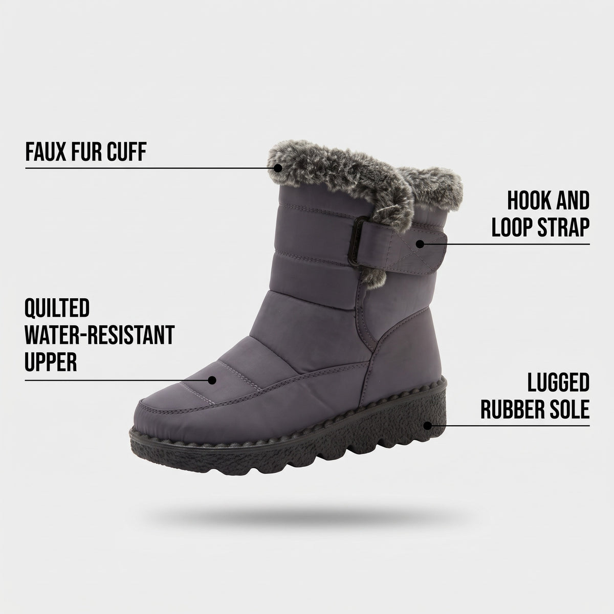 Winter boot features: faux fur cuff, hook and loop strap, quilted water-resistant upper, lugged rubber sole