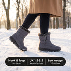 Fur lined snow boots on a snowy path: hook and loop, UK 3.5-8.5, low wedge heel