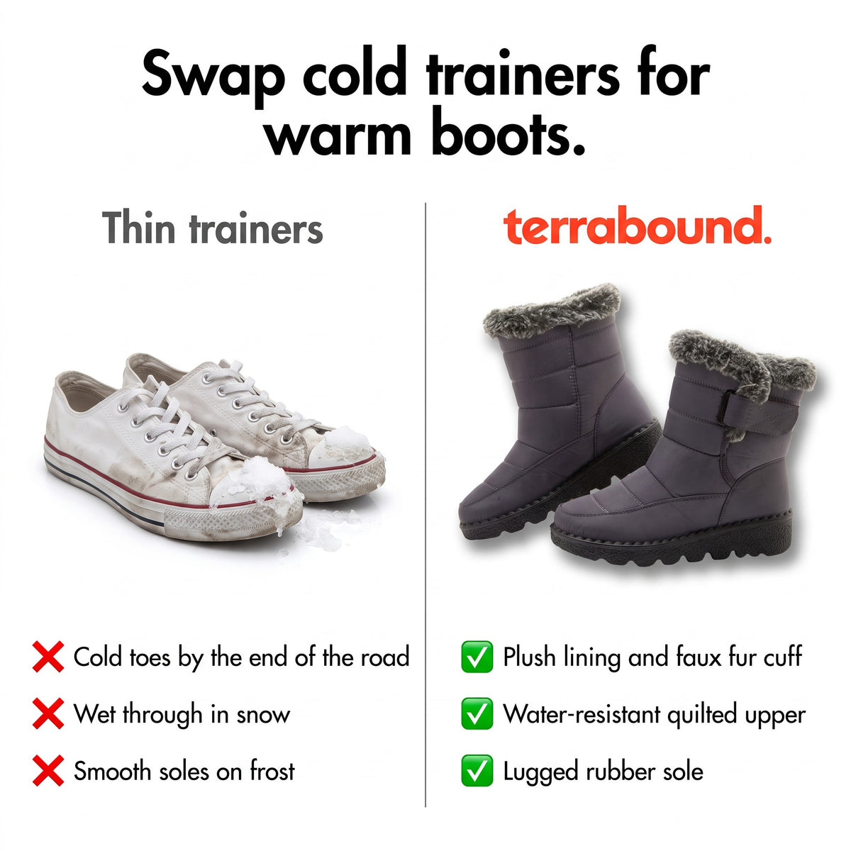 Thin trainers compared with Terrabound fur lined winter boots