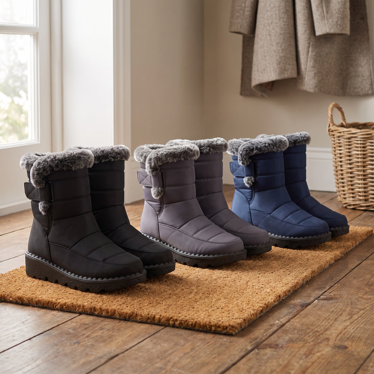 Black, Grey and Blue fur lined winter boots on a doormat